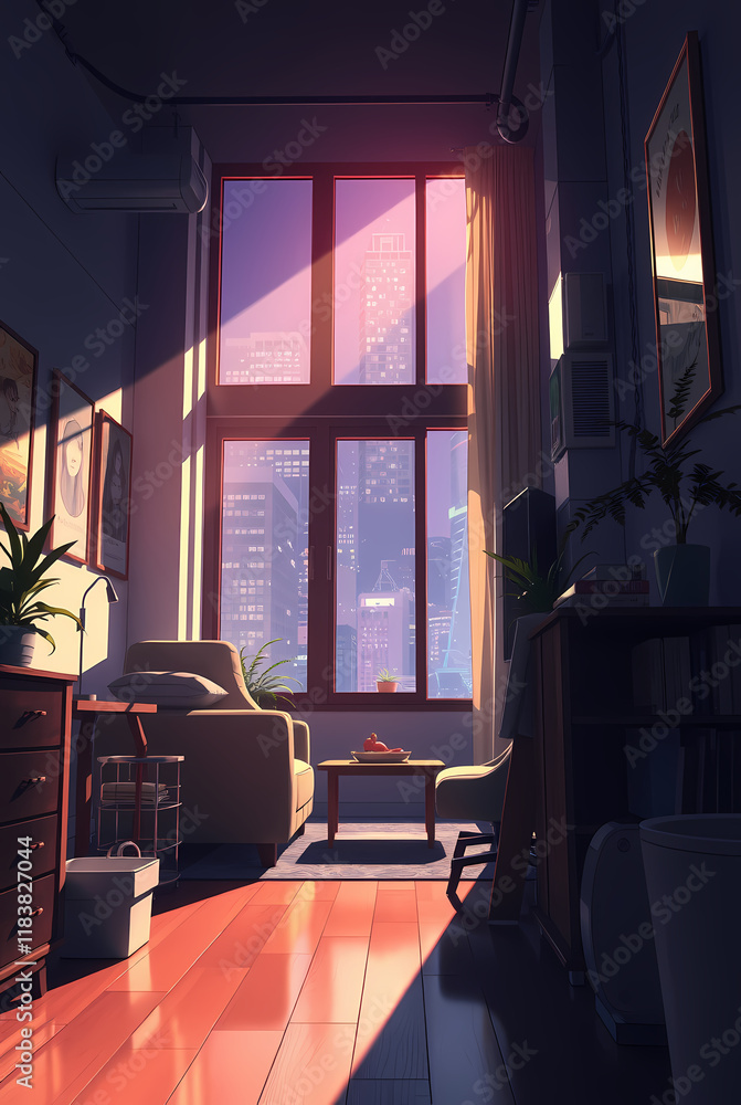 Fototapeta premium Luxurious High-Rise Apartment Living Room With Cityscape View