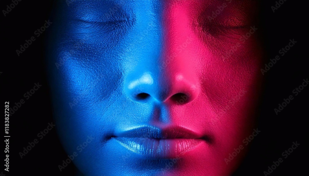 Vibrant neon human nose illuminated with contrasting blue and pink lights in a dark setting Vibrant neon human nose illuminated with contrasting blue and pink lights in a dark setting