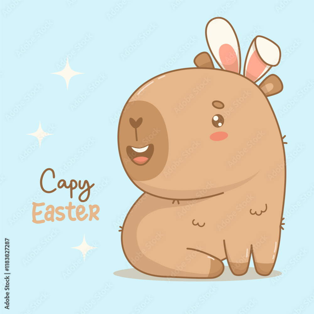 Happy Easter Capybara with Bunny Ears. Cute cheerful cartoon kawaii character animal. Vector illustration. Holiday cool card with slogan. Kids collection Happy Easter Capybara with Bunny Ears. Cute cheerful cartoon kawaii character animal. Vector illustration. Holiday cool card with slogan. Kids collection