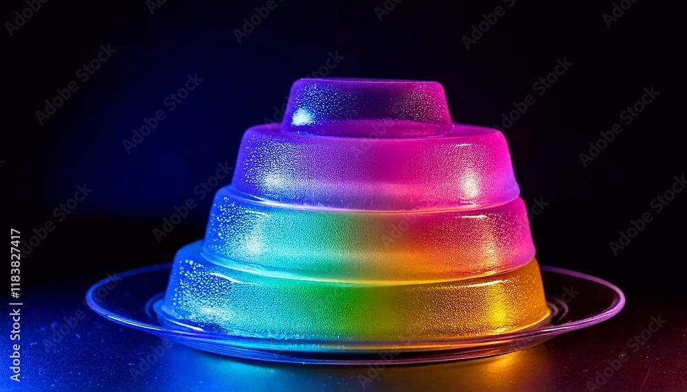 Vibrant jelly layers illuminated with neon colors against a dark backdrop Vibrant jelly layers illuminated with neon colors against a dark backdrop