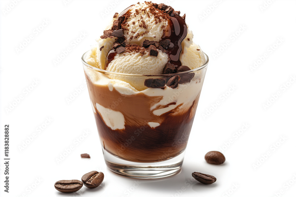 A glass of ice cream with chocolate sauce and coffee beans on top A glass of ice cream with chocolate sauce and coffee beans on top