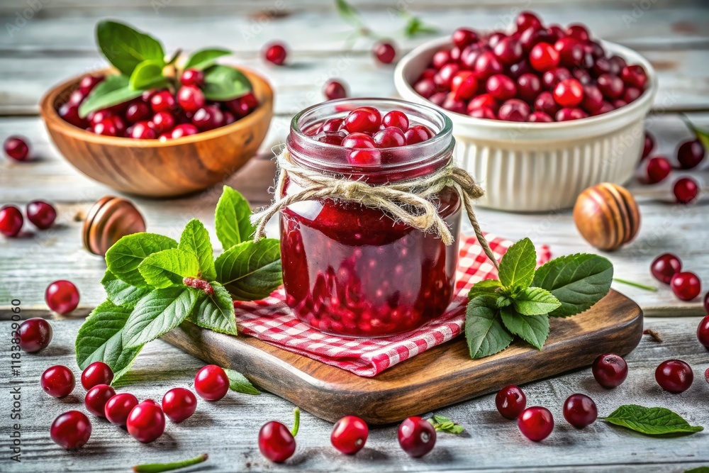 Red cranberry patterns: Jam jar portraits showcase berry beauty in captivating photography. Red cranberry patterns: Jam jar portraits showcase berry beauty in captivating photography.