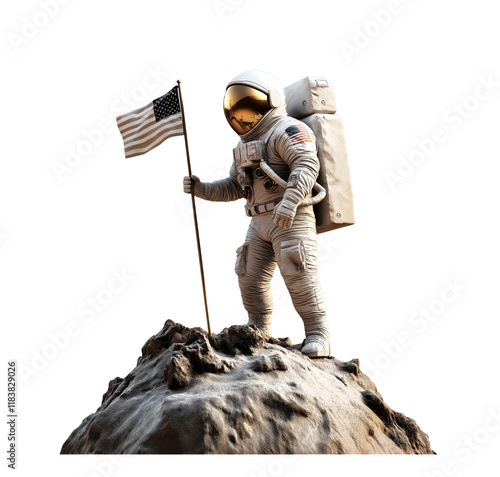 An astronaut plants the US flag on a rocky summit (transparent background).