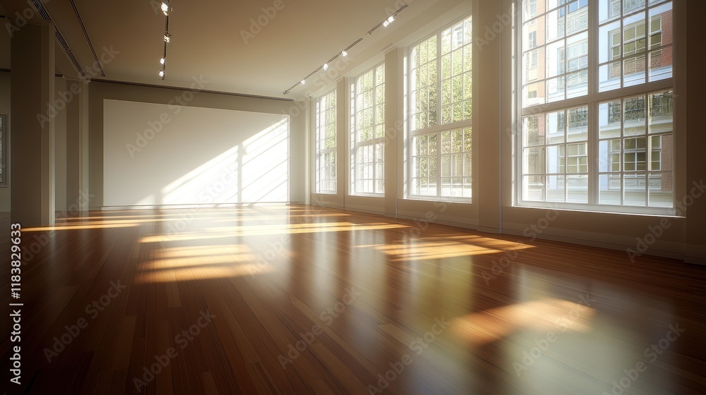 Fototapeta premium Sunlit Empty Gallery Space: A Modern Architectural Interior with Hardwood Floor and Large Windows
