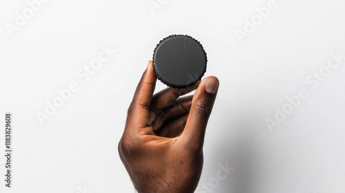 Close-up of biracial man’s hand holding sleek black business card with blank space for personalization, isolated on clean white background, ideal for professional branding, networking, or corporate id photo