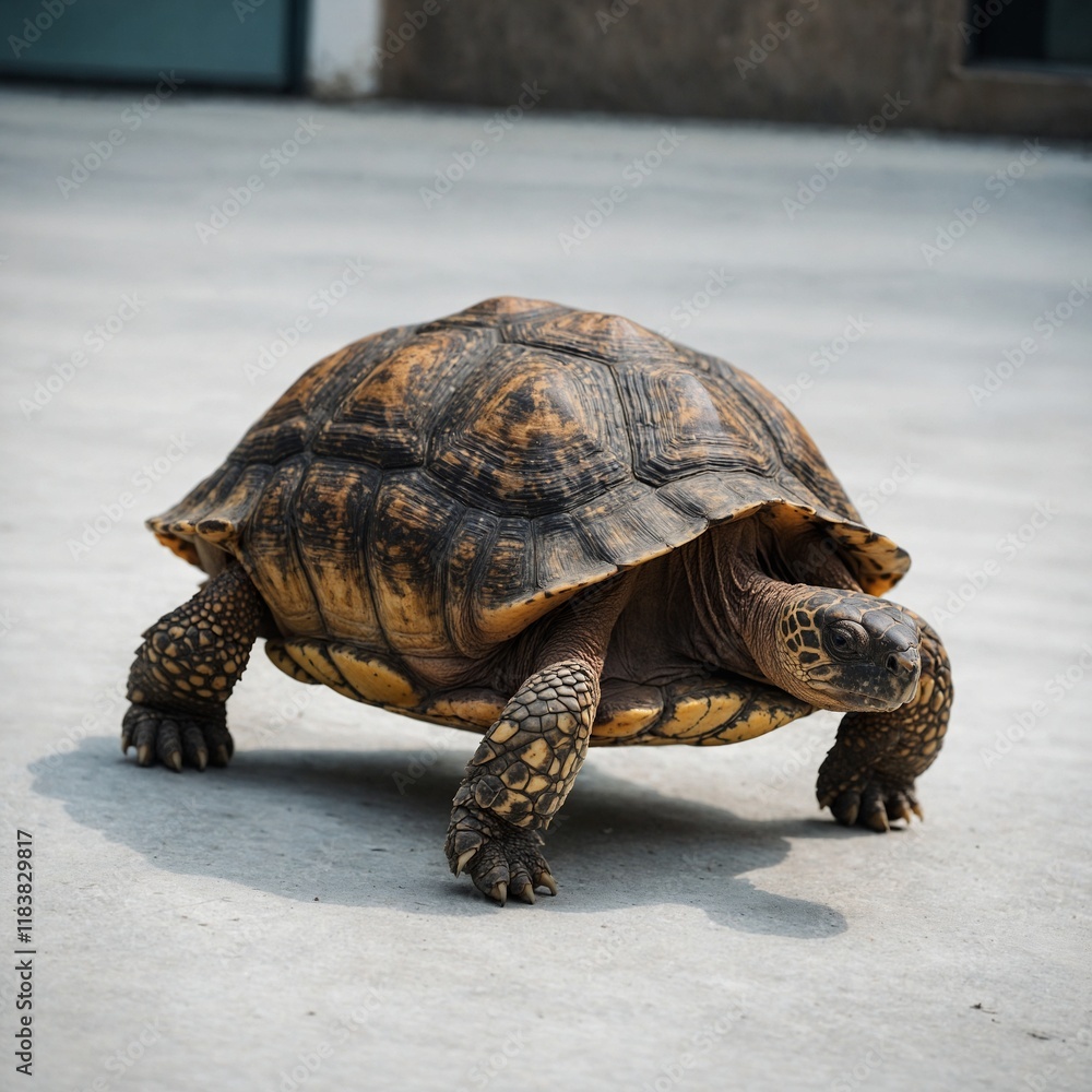 Obraz premium A wise-looking tortoise slowly crawling on a white platform.