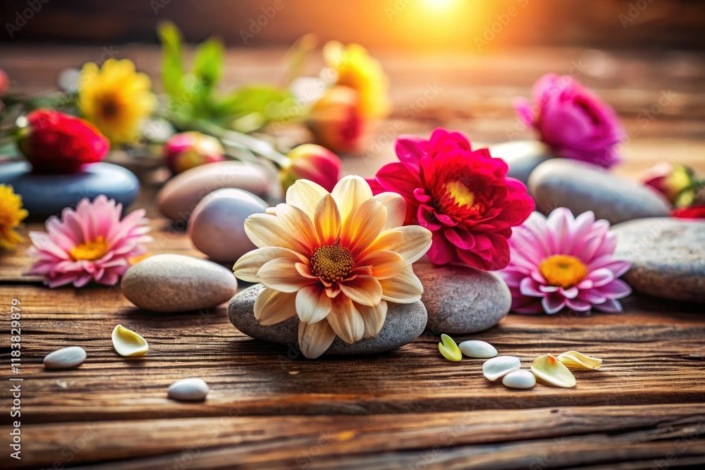 Serene stones and delicate flowers compose a peaceful still life, beautifully photographed on a wooden table. Serene stones and delicate flowers compose a peaceful still life, beautifully photographed on a wooden table.
