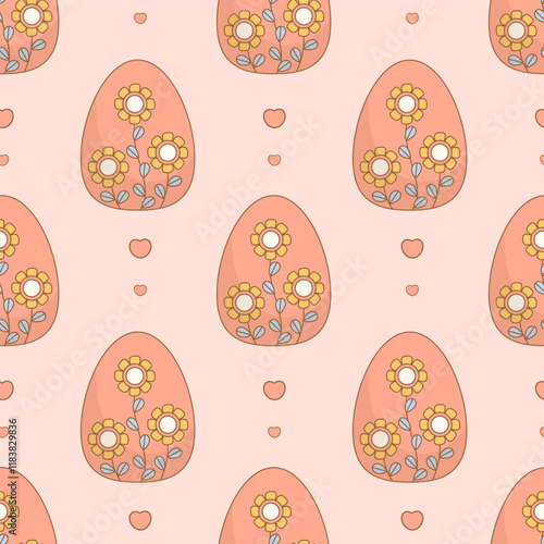 Easter Seamless pattern with paschal egg with decorative flowers on pink background with hearts. Holiday Vector illustration