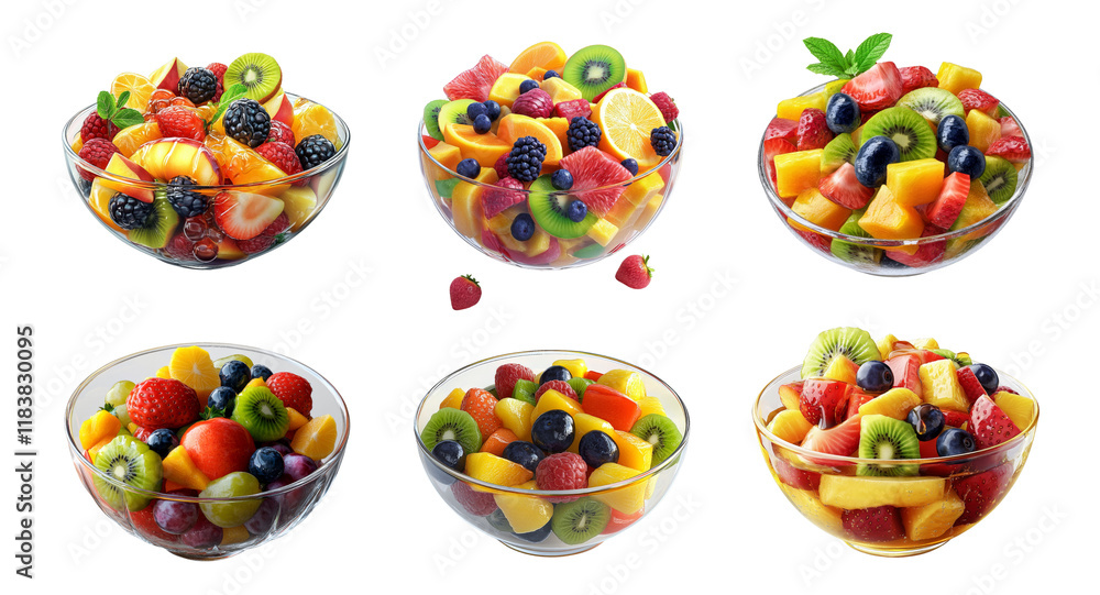Six bowls of mixed fruit salad with various fruits are displayed on a transparent background. Six bowls of mixed fruit salad with various fruits are displayed on a transparent background.