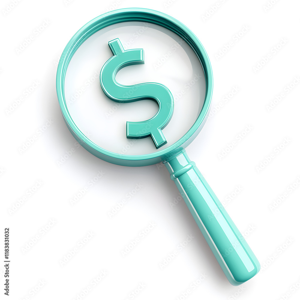 Magnifying Glass Icon, A pastel teal magnifying glass highlighting a dollar sign Magnifying Glass Icon, A pastel teal magnifying glass highlighting a dollar sign