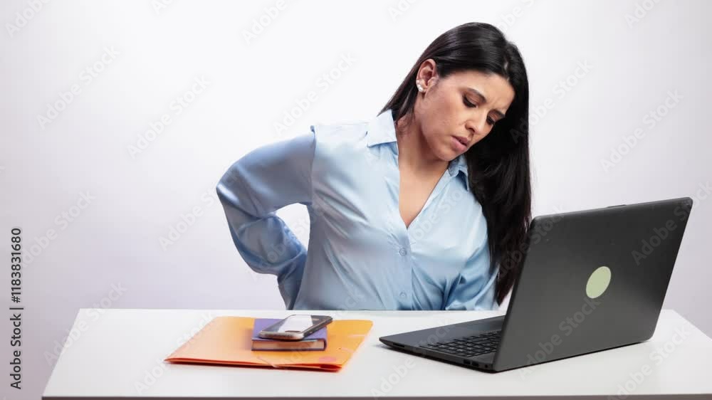 Latin businesswoman suffering back pain in slow motion Latin businesswoman suffering back pain in slow motion