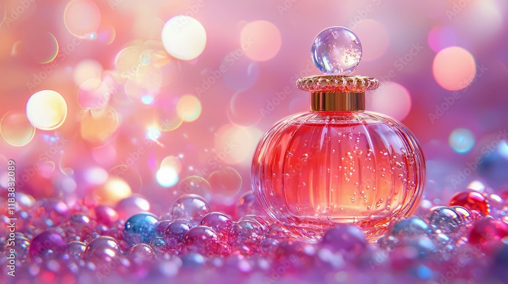 Pink Perfume Bottle in Sparkling Bubbles: A Glamorous and Elegant Fragrance Pink Perfume Bottle in Sparkling Bubbles: A Glamorous and Elegant Fragrance