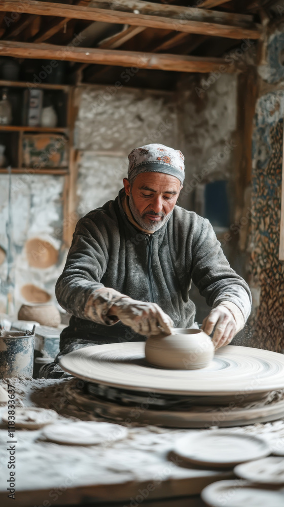 Skilled artisan sculpting clay in traditional pottery workshop Skilled artisan sculpting clay in traditional pottery workshop