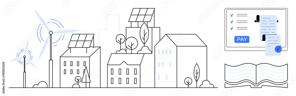 City buildings with solar panels, wind turbines, and trees. Digital payment terminal for bills and an open book. Ideal for sustainability, eco-friendly living, digital payments, education, smart City buildings with solar panels, wind turbines, and trees. Digital payment terminal for bills and an open book. Ideal for sustainability, eco-friendly living, digital payments, education, smart