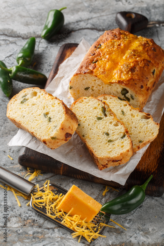 Rustic homemade bread with jalapeno peppers and cheddar cheese closeup on the wooden board on the table. Vertical