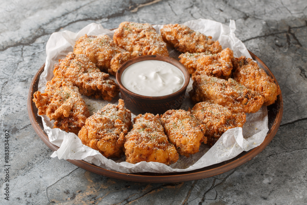 Φωτογραφία Tasty Bburinkle fried chicken coated with cheese powder, one of popular food in Korea closeup on the plate on the table