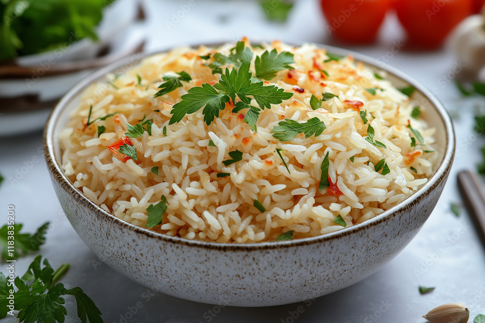 A bowl of rice with parsley and tomatoes on top A bowl of rice with parsley and tomatoes on top