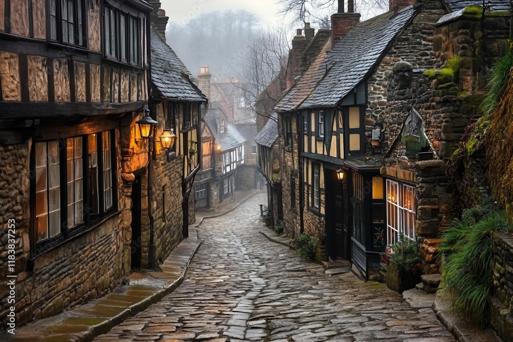Misty cobblestone street in historic English village with timber framed houses. Misty cobblestone street in historic English village with timber framed houses.