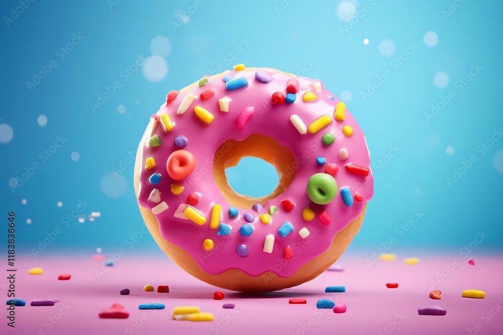 Pink donut sprinkles studio shot, bokeh background, food advertising. Pink donut sprinkles studio shot, bokeh background, food advertising.