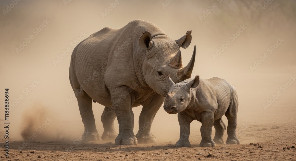 Obraz premium Mother Black Rhinoceros and Calf in Dusty Savanna