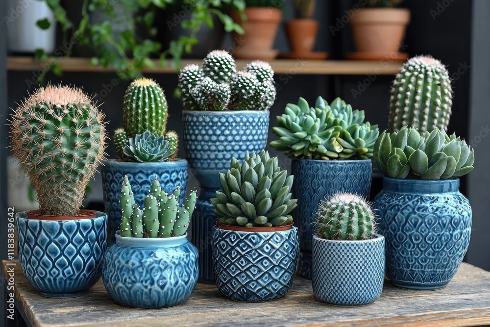 A collection of decorative potted cacti and succulents in blue pots arranged on a wooden surface. A collection of decorative potted cacti and succulents in blue pots arranged on a wooden surface.