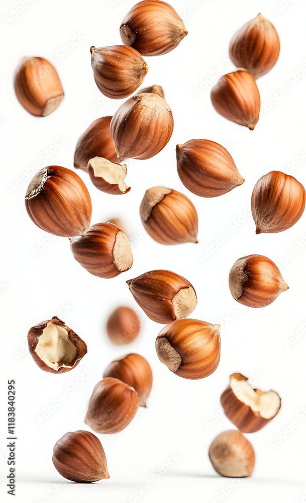 Falling hazelnuts isolated on a white background Falling hazelnuts isolated on a white background