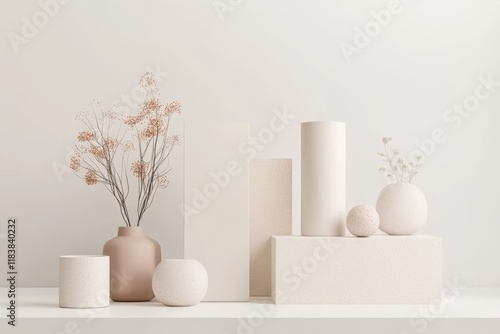 Wallpaper Mural Minimalist arrangement of vases and geometric shapes with delicate dried flowers in neutral shades of white, beige, and light brown, showcasing modern and clean design Torontodigital.ca