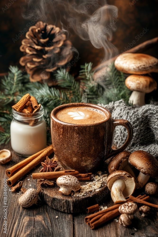 Steaming cup of mushroom coffee served in a rustic ceramic mug on a wooden table surrounded by natural elements Steaming cup of mushroom coffee served in a rustic ceramic mug on a wooden table surrounded by natural elements