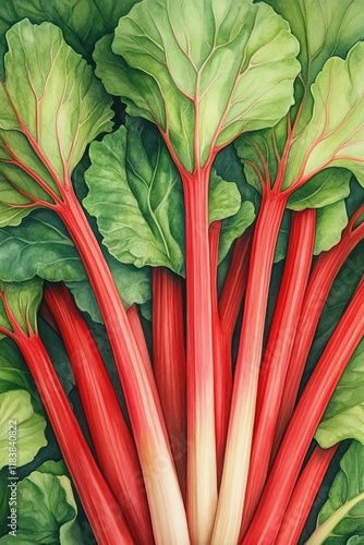 Watercolor botanical study of rhubarb with vibrant red stems and lush green leaves