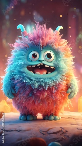 Happy monster digital art, cosmic background.