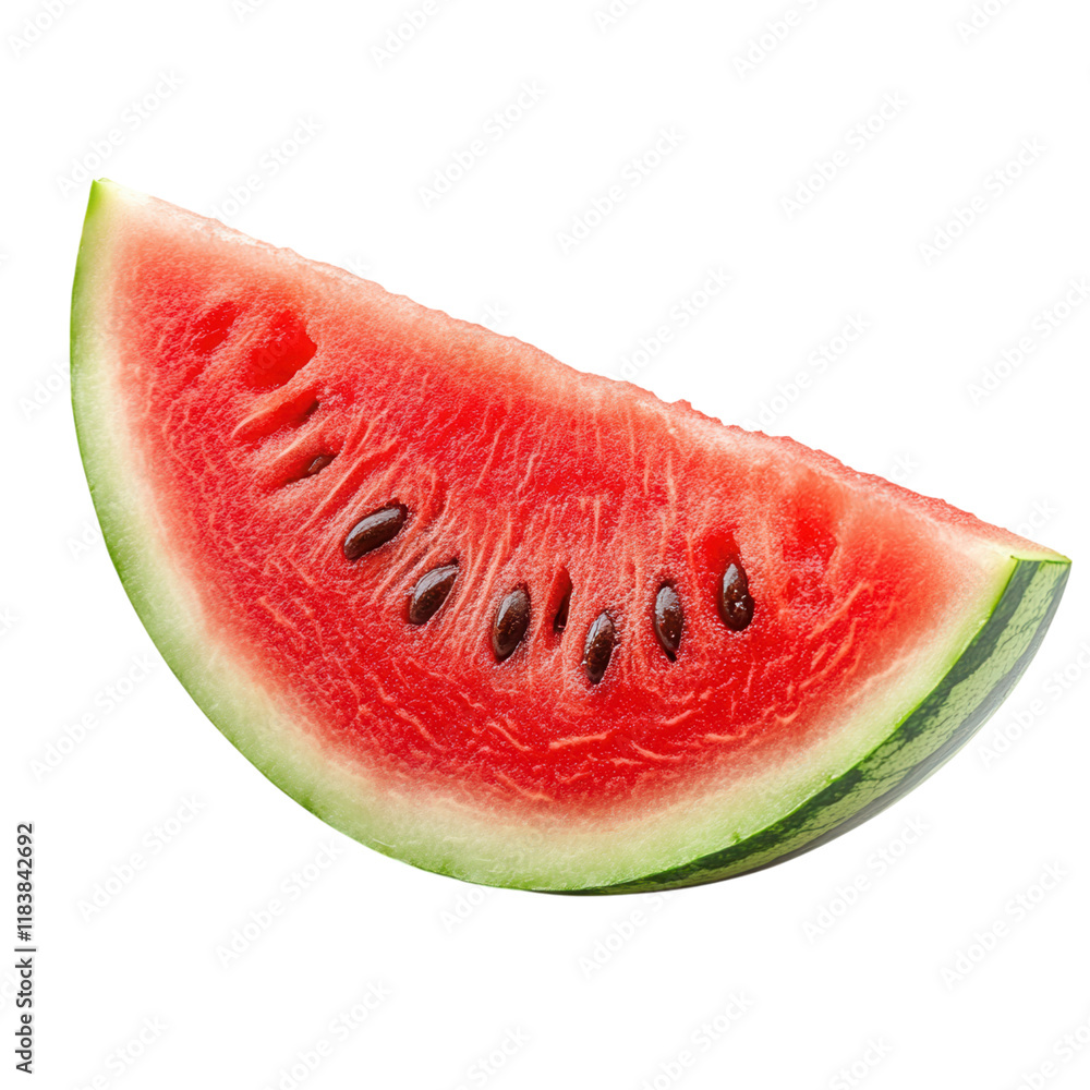 Juicy watermelon slice with seeds, vibrant red interior, set against a clean white background, perfect for digital use Juicy watermelon slice with seeds, vibrant red interior, set against a clean white background, perfect for digital use