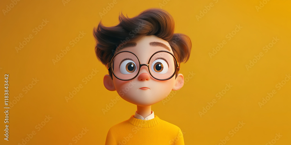 The image depicts a character with brown hair styled upwards, wearing large, round glasses and a yellow sweater The image depicts a character with brown hair styled upwards, wearing large, round glasses and a yellow sweater