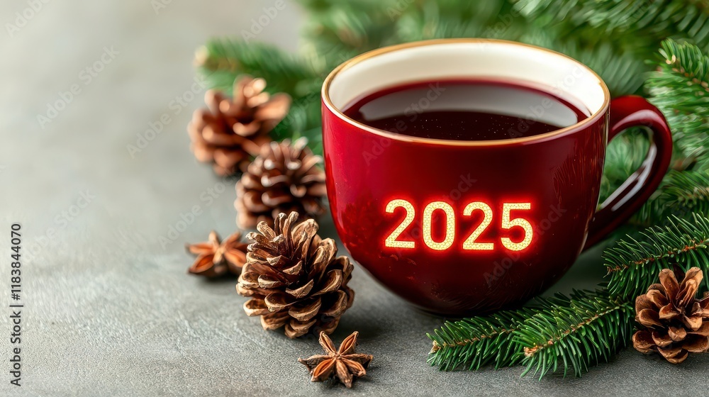 A photostock of a cozy winter table with hot mulled wine, spices, and pinecones, featuring glowing A photostock of a cozy winter table with hot mulled wine, spices, and pinecones, featuring glowing