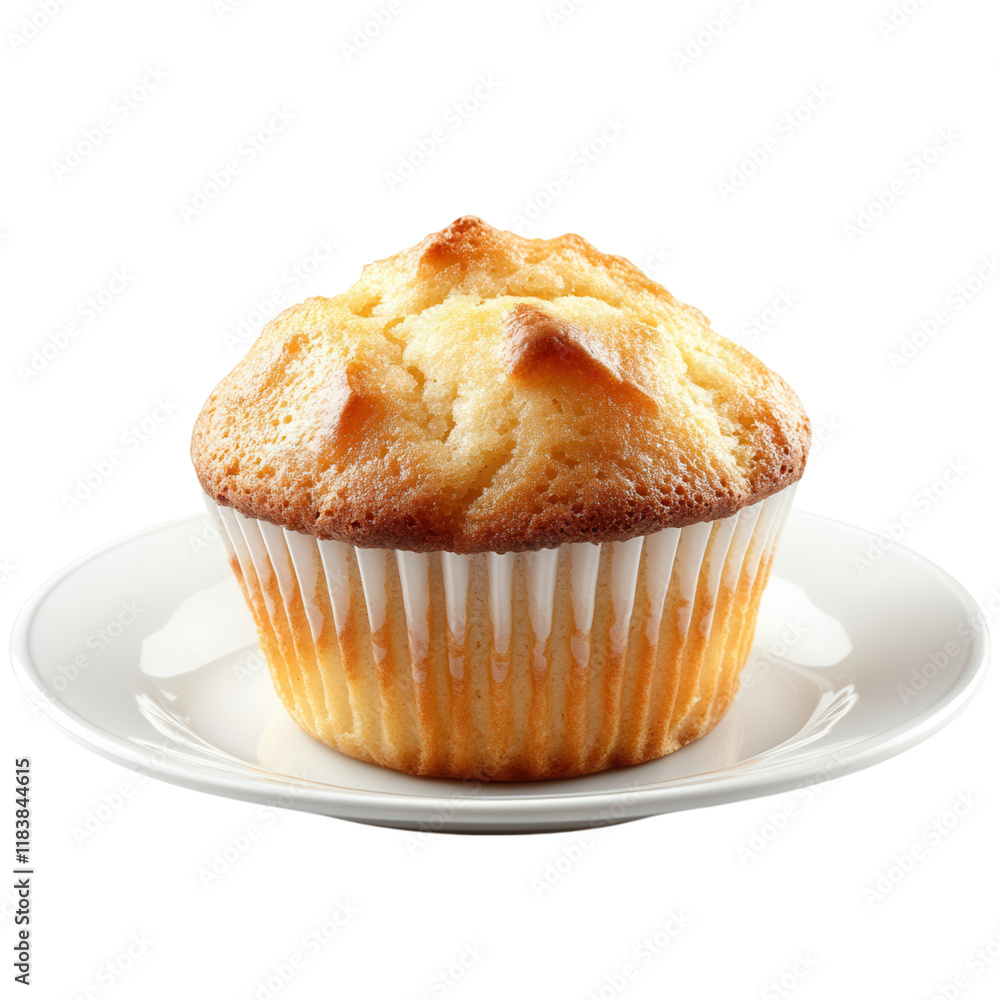Freshly Baked Muffin on White Plate with Paper Wrapper, Simple and Inviting Presentation, Ideal for Culinary Themes Freshly Baked Muffin on White Plate with Paper Wrapper, Simple and Inviting Presentation, Ideal for Culinary Themes
