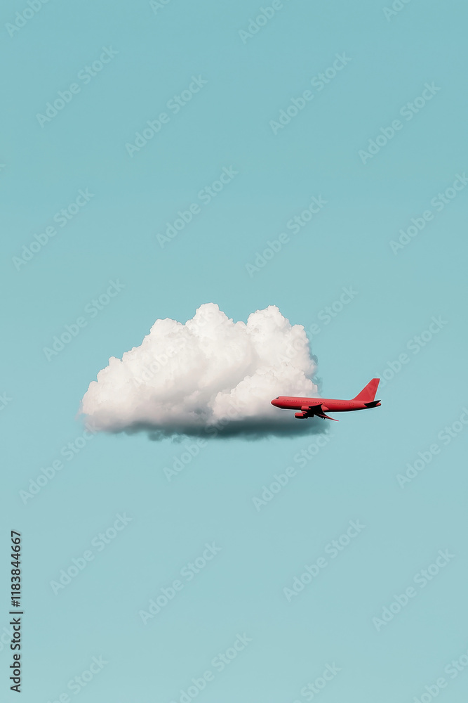 Surreal Minimalist Sky with Red Airplane and White Cloud on Blue Background Surreal Minimalist Sky with Red Airplane and White Cloud on Blue Background