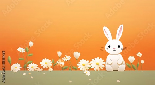 Cute bunny sits amidst daisies, orange background, spring greeting card. photo