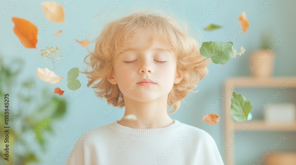 Serene child meditating with floating leaves in a peaceful setting Serene child meditating with floating leaves in a peaceful setting
