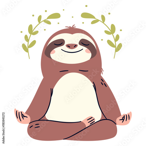 Flat vector illustration in a simple children's style. Cute sloth sitting doing meditation on white background, yoga . Vector illustration