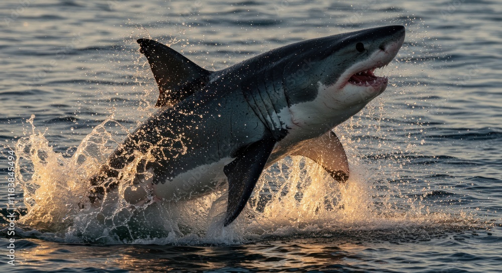 Fototapeta premium Great White Shark Leaps From Ocean Water