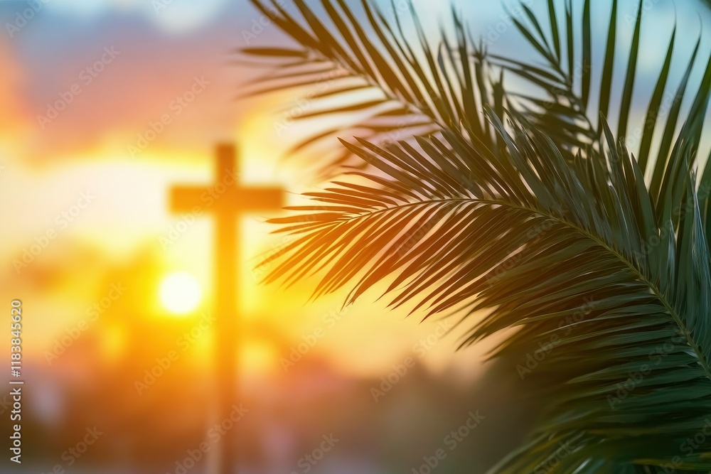 Fototapeta premium Cross and palm leaf with sunset scene background. Palm Sunday Concept 