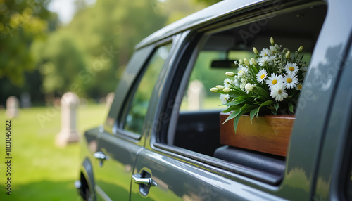 Casket inside hearse black funeral hearse casket inside hearse Funeral car carrying flowers and coffin at cemetery
