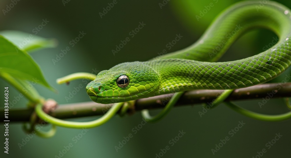 Obraz premium Green Tree Snake Coiled on a Branch in Nature