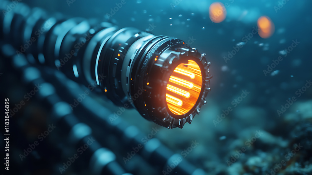 A high-tech submarine fiber-optic cable used for global underwater communication, transmitting data across oceans with high-speed internet connectivity A high-tech submarine fiber-optic cable used for global underwater communication, transmitting data across oceans with high-speed internet connectivity