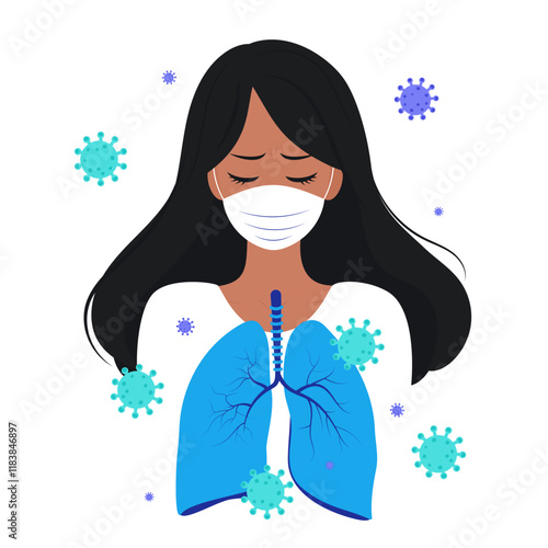 Sick girl with face protective mask. Human metapneumovirus or hMPV. Virus affect the lungs. Medical vector illustration.