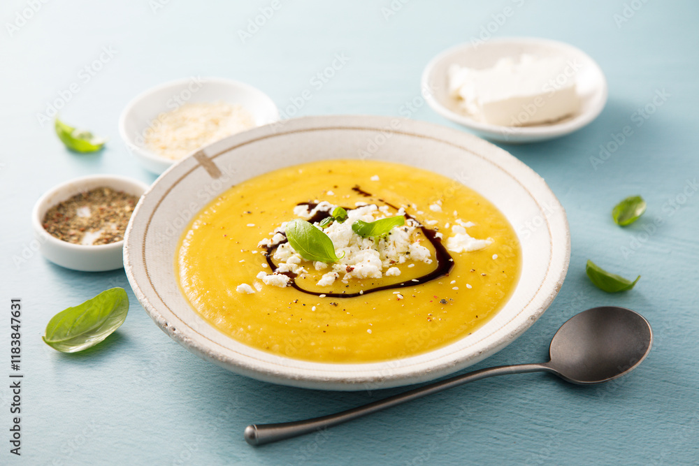 Homemade pumpkin soup with Feta cheese Homemade pumpkin soup with Feta cheese