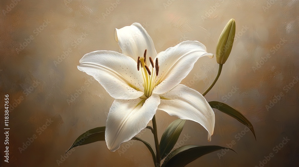 Fototapeta premium Close-up of a single white lily with soft shadows, simple and refined 