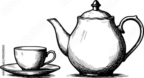 Teapot and cup vintage vector sketch drawing
