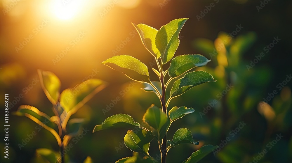 Sunset illuminates young apple tree leaves in orchard. Nature background for spring, growth, or new beginnings. Sunset illuminates young apple tree leaves in orchard. Nature background for spring, growth, or new beginnings.