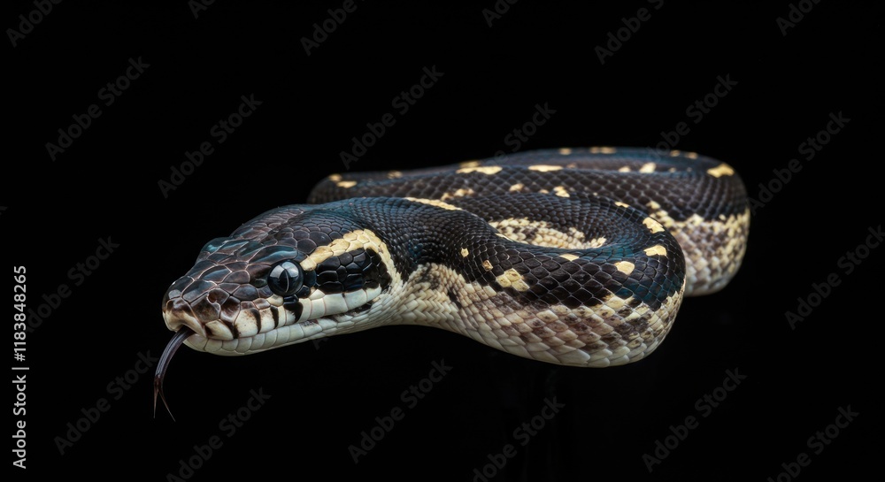 Obraz premium Black and Yellow Python Snake Isolated on Black Background
