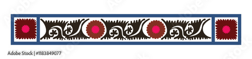 Traditional textile product in Uzbekistan - suzani carpet, using in home interior, as a decorative ornamental element, nowadays using in the fashion industry too and for decorating cushioned furniture